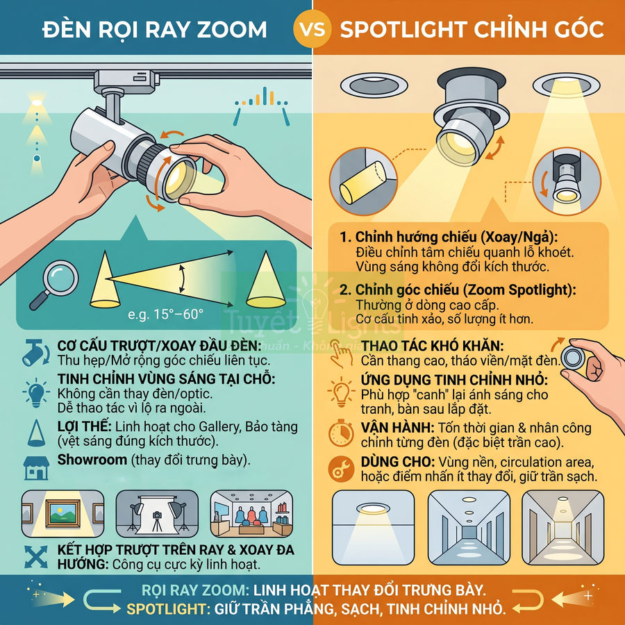 So sánh đèn rọi ray zoom và spotlight chỉnh góc, minh họa cách điều chỉnh góc chiếu và vùng sáng linh hoạt