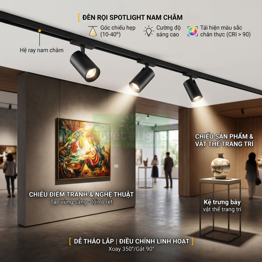 Đèn rọi spotlight nam châm chiếu tranh nghệ thuật và bình gốm trang trí trong không gian trưng bày hiện đại