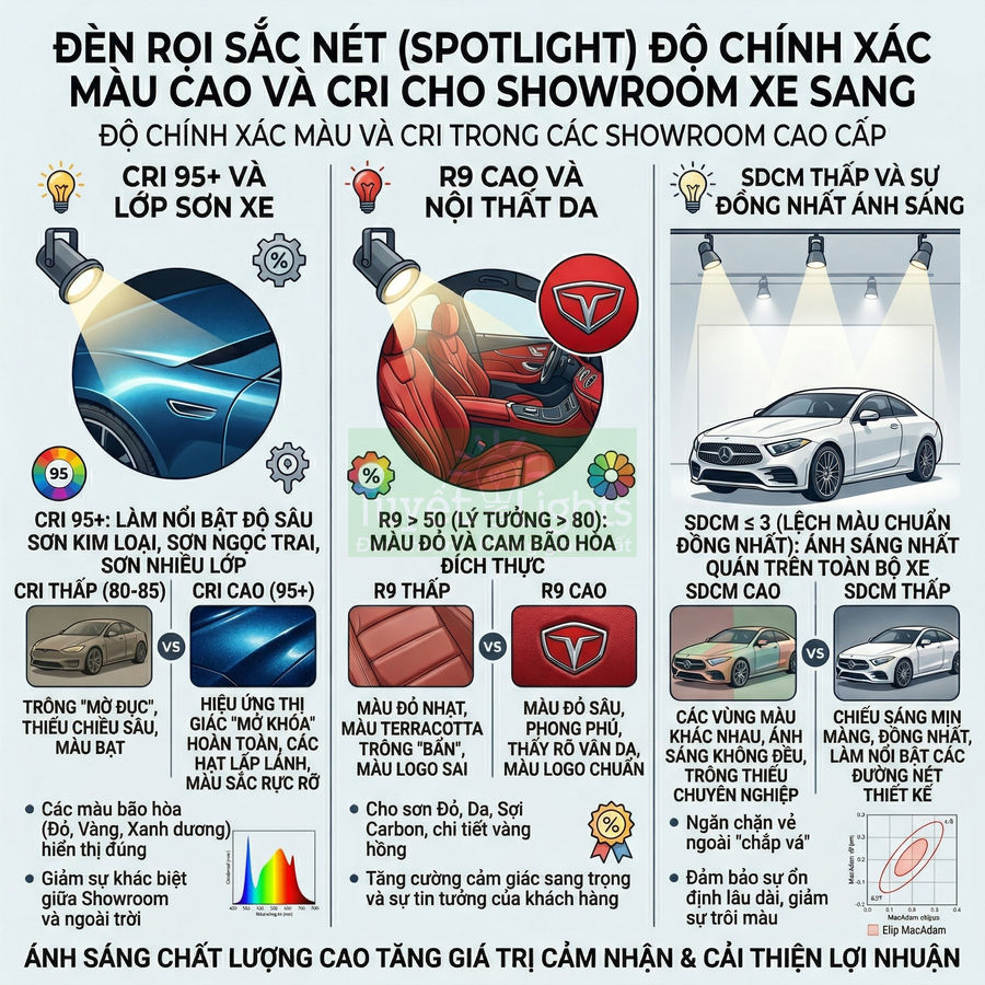 Infographic đèn rọi spotlight CRI cao cho showroom xe sang, minh họa chiếu sáng thân xe, nội thất da và toàn bộ ô tô