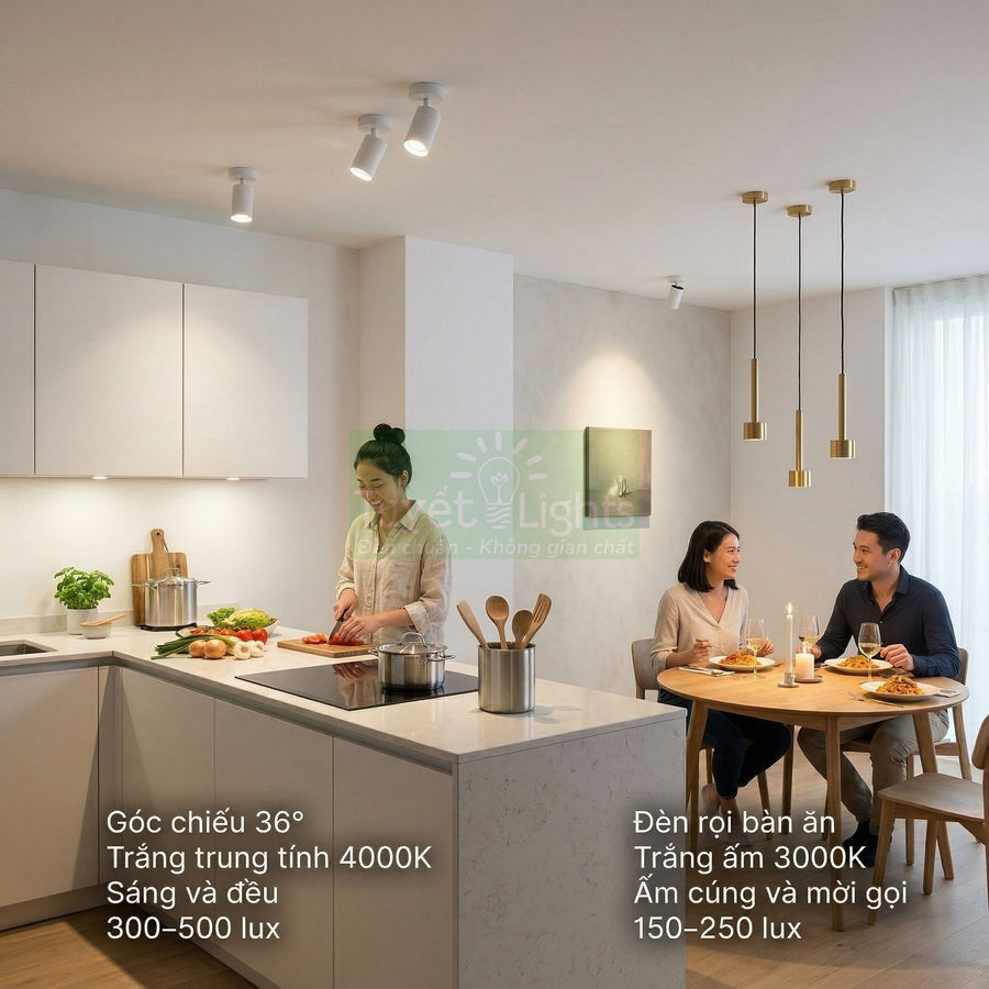 Đèn rọi trần và đèn thả bàn ăn hiện đại chiếu sáng không gian bếp và bàn ăn gia đình ấm cúng