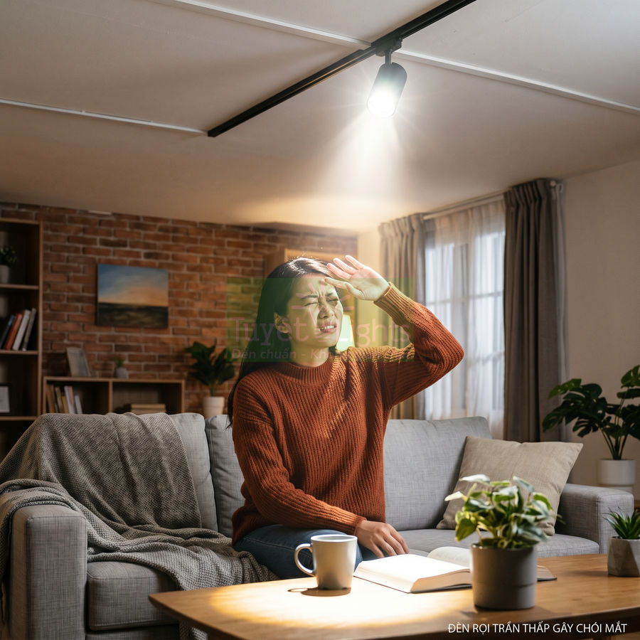 Đèn rọi trần chiếu sáng mạnh gây chói mắt cho người phụ nữ ngồi trên ghế sofa trong phòng khách