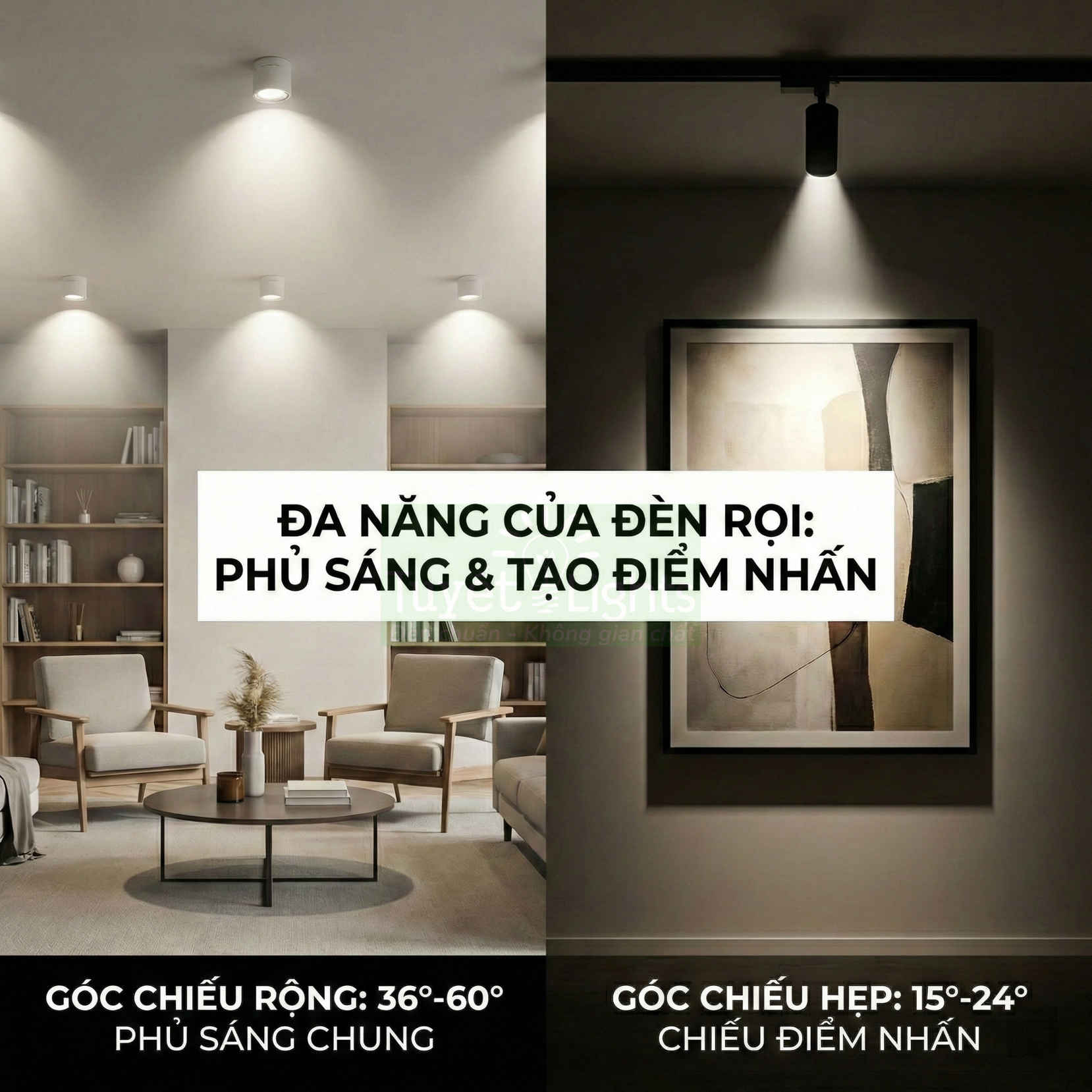 Đèn rọi trần LED chiếu sáng phòng khách và tranh treo tường với hai góc chiếu rộng và hẹp