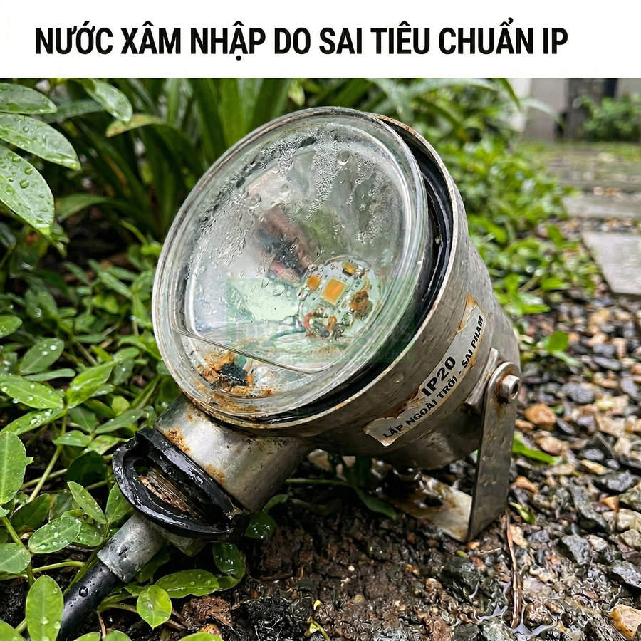 Đèn LED âm đất ngoài trời bị nước xâm nhập, thân đèn inox gỉ sét đặt trên nền đất ướt