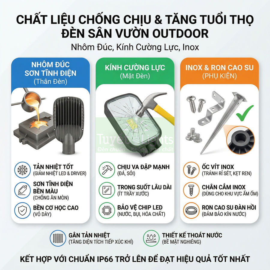 Đèn sân vườn outdoor chất liệu nhôm đúc sơn tĩnh điện, kính cường lực, phụ kiện inox và ron cao su chống nước