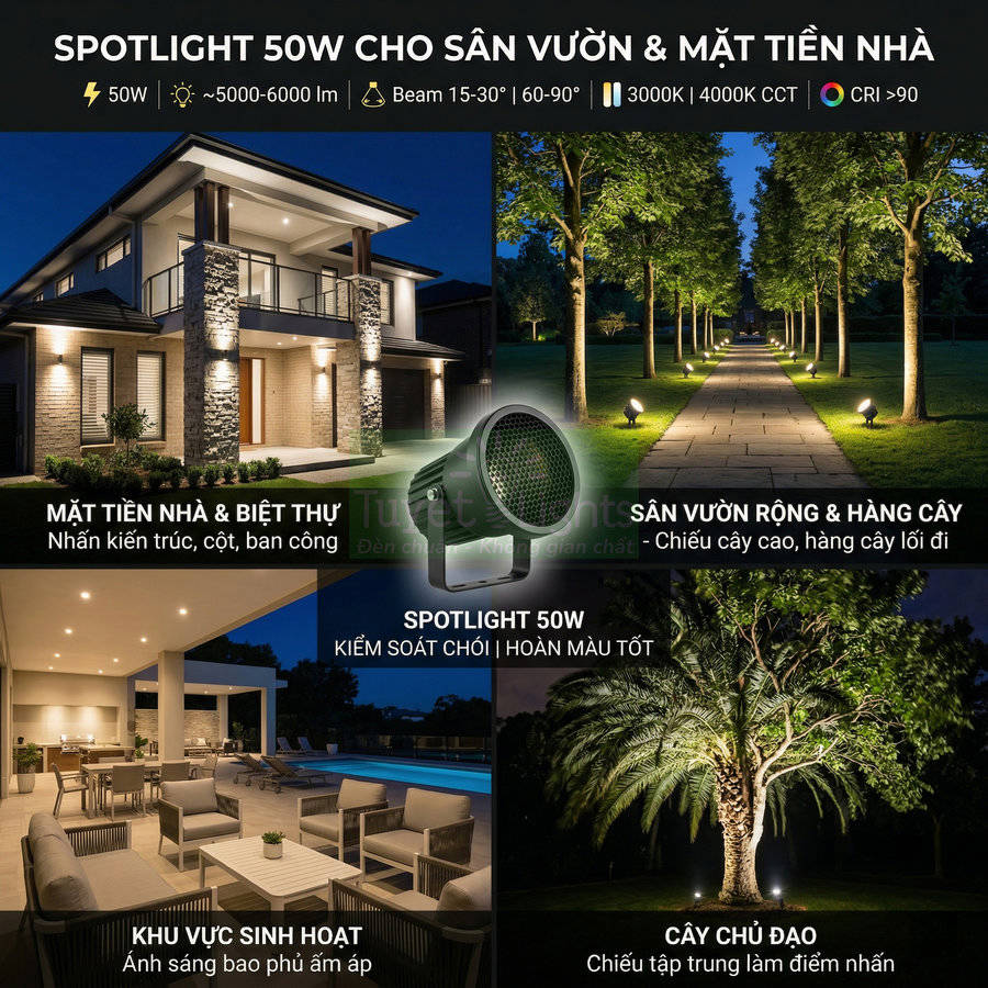 Đèn spotlight 50W chiếu sáng sân vườn, mặt tiền nhà, cây xanh và khu vực sinh hoạt ngoài trời