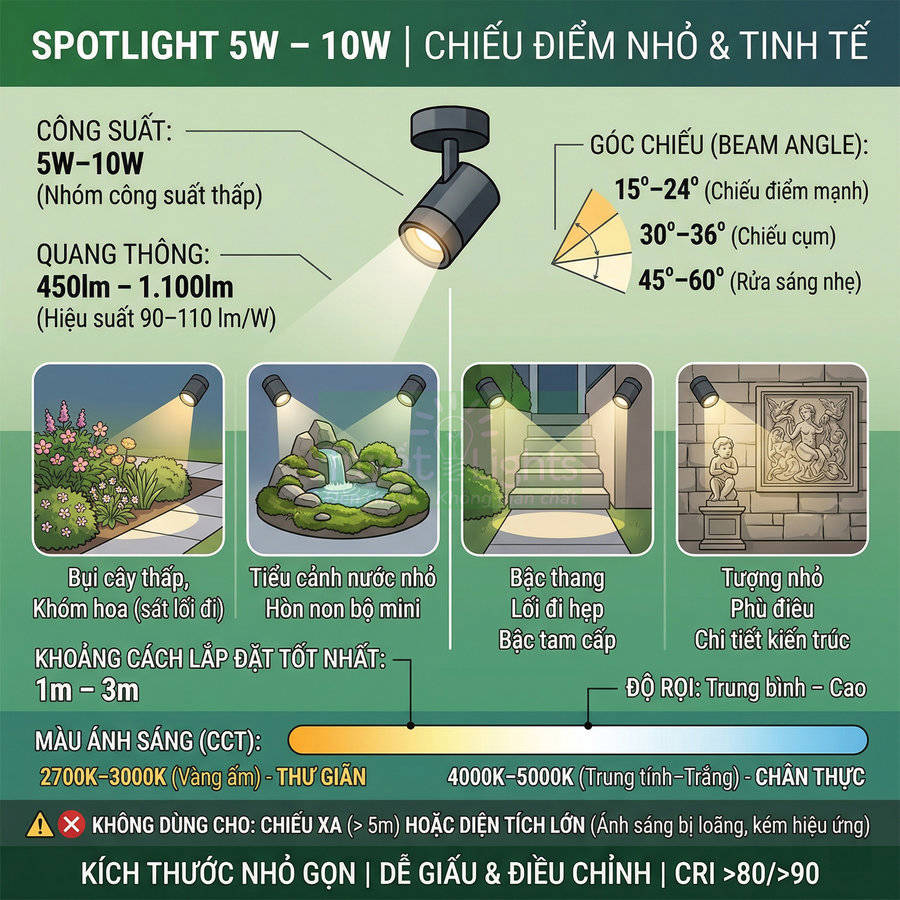 Đèn spotlight LED 5W 10W chiếu điểm nhỏ cho sân vườn, bậc thang, tiểu cảnh và tường trang trí ngoài trời
