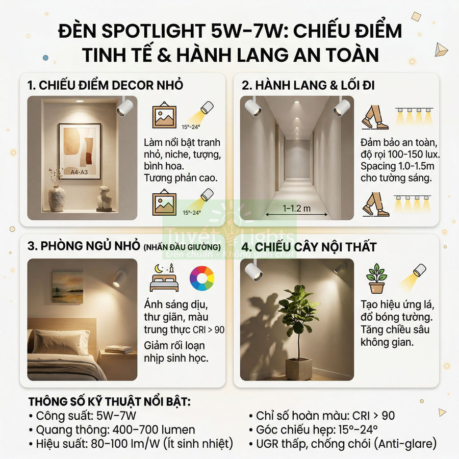 Đèn spotlight 5W 7W chiếu điểm cho decor, hành lang, phòng ngủ nhỏ và cây nội thất kèm thông số kỹ thuật