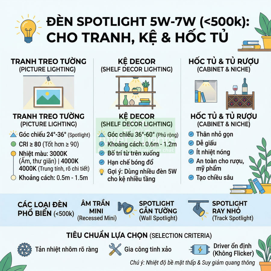 Hướng dẫn chọn đèn spotlight 5W 7W cho tranh treo tường kệ decor hốc tủ và tủ rượu