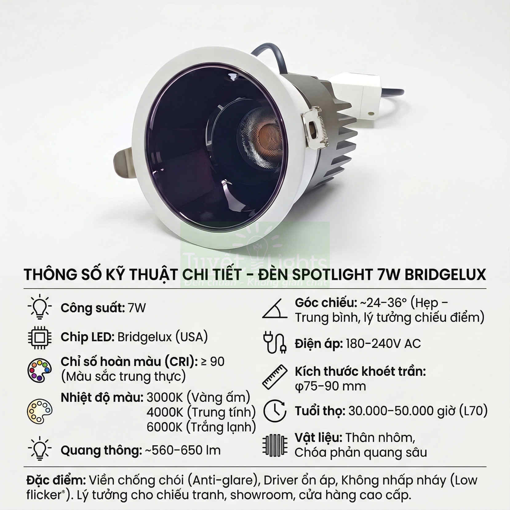 Đèn spotlight âm trần Bridgelux 7W thân nhôm màu trắng kèm thông số kỹ thuật chi tiết