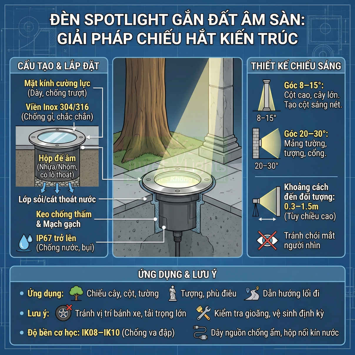 Đèn spotlight âm sàn chiếu hắt kiến trúc ngoài trời, cấu tạo chống nước IP67, lắp đặt dưới nền bê tông