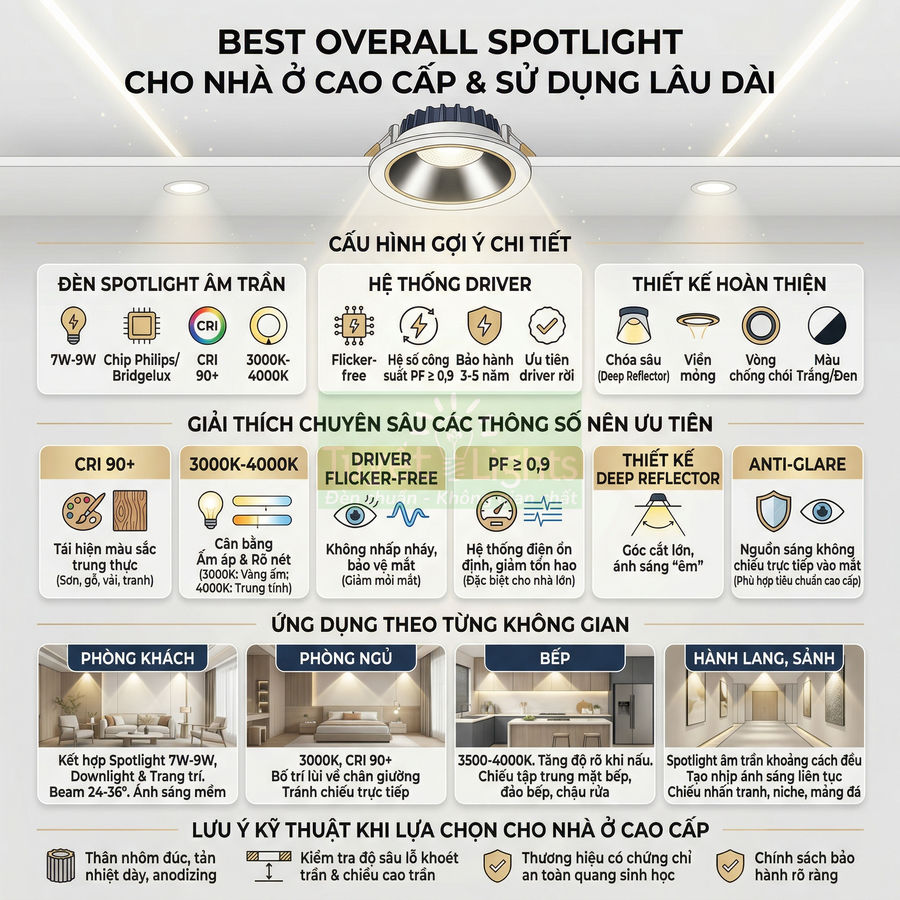 Infographic hướng dẫn chọn đèn spotlight âm trần cao cấp CRI 90 chống chói cho phòng khách, phòng ngủ, bếp và hành lang