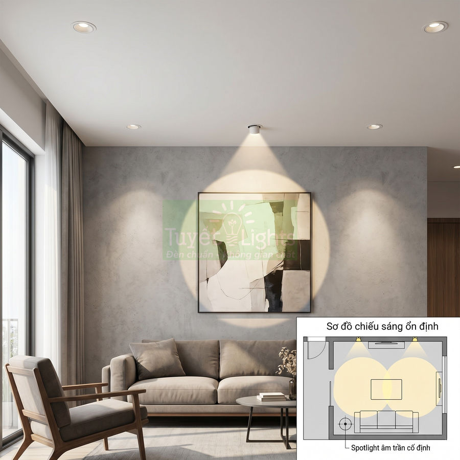 Đèn spotlight âm trần chiếu tranh trang trí trong phòng khách hiện đại với sofa và ghế gỗ