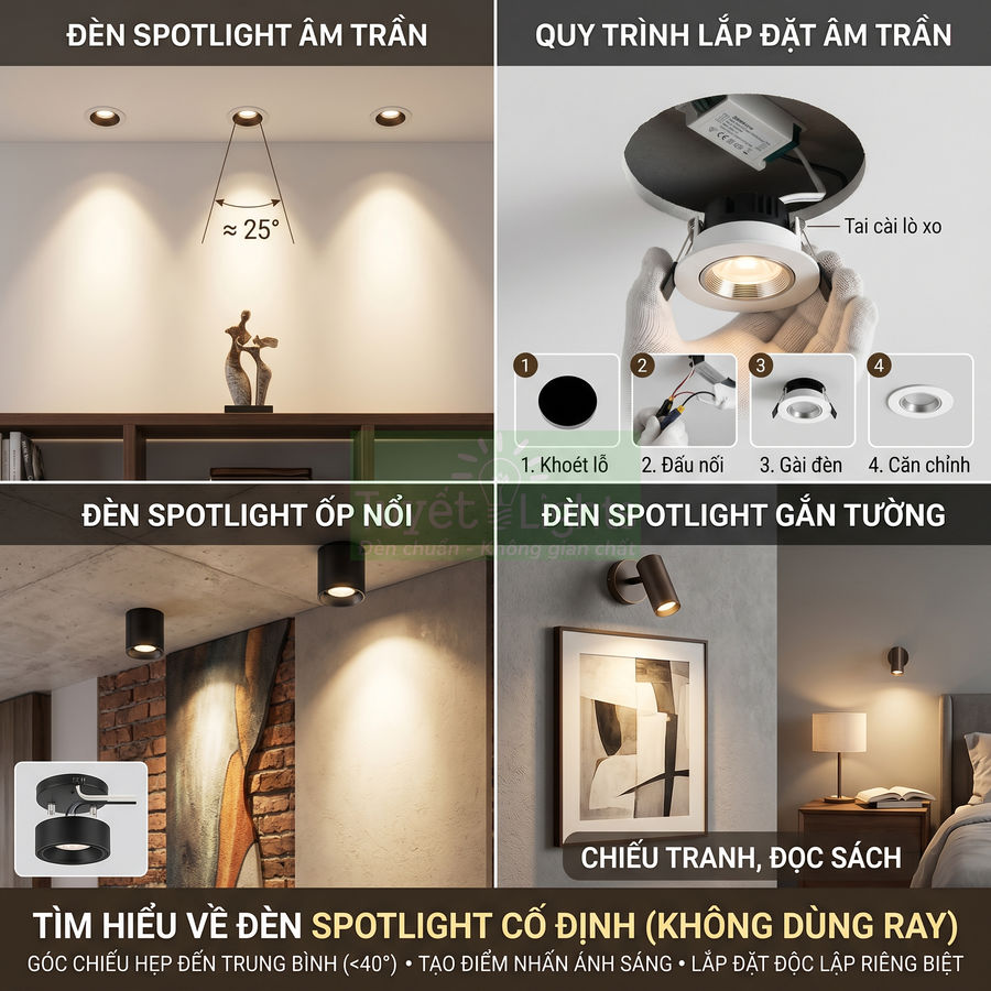Các loại đèn spotlight âm trần, ốp nổi, gắn tường chiếu điểm nhấn trang trí nội thất phòng khách và phòng ngủ