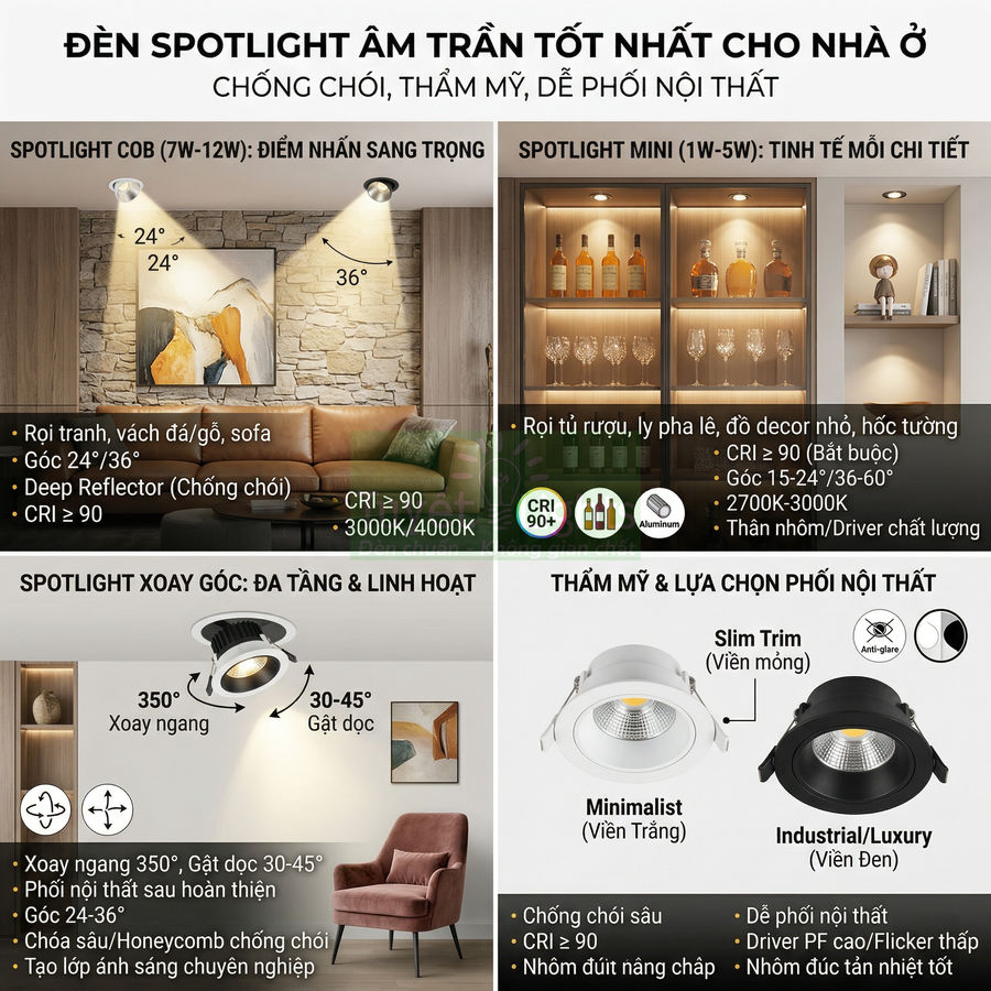 Đèn spotlight âm trần chống chói cho phòng khách và tủ trưng bày, nhiều kiểu dáng xoay góc linh hoạt, ánh sáng CRI cao