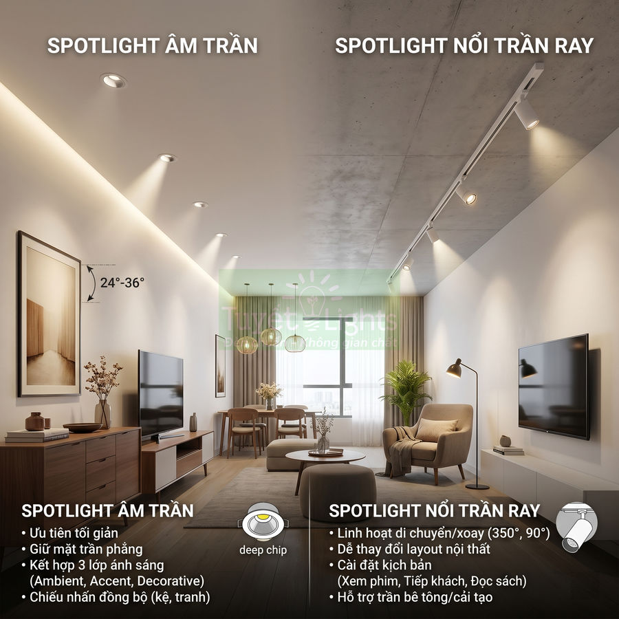 Đèn spotlight âm trần và spotlight nổi trần ray chiếu sáng phòng khách hiện đại, nội thất gỗ sáng màu