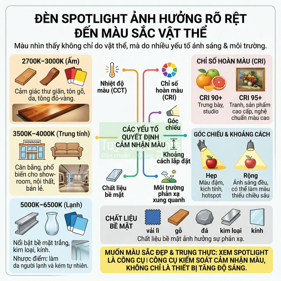 Đèn spotlight có ảnh hưởng đến màu sắc vật thể không?