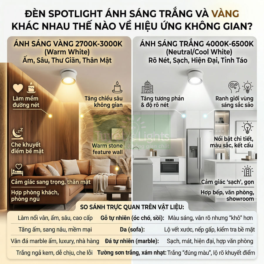 So sánh đèn spotlight ánh sáng vàng 2700K 3000K và ánh sáng trắng 4000K 6500K trong phòng khách và bếp