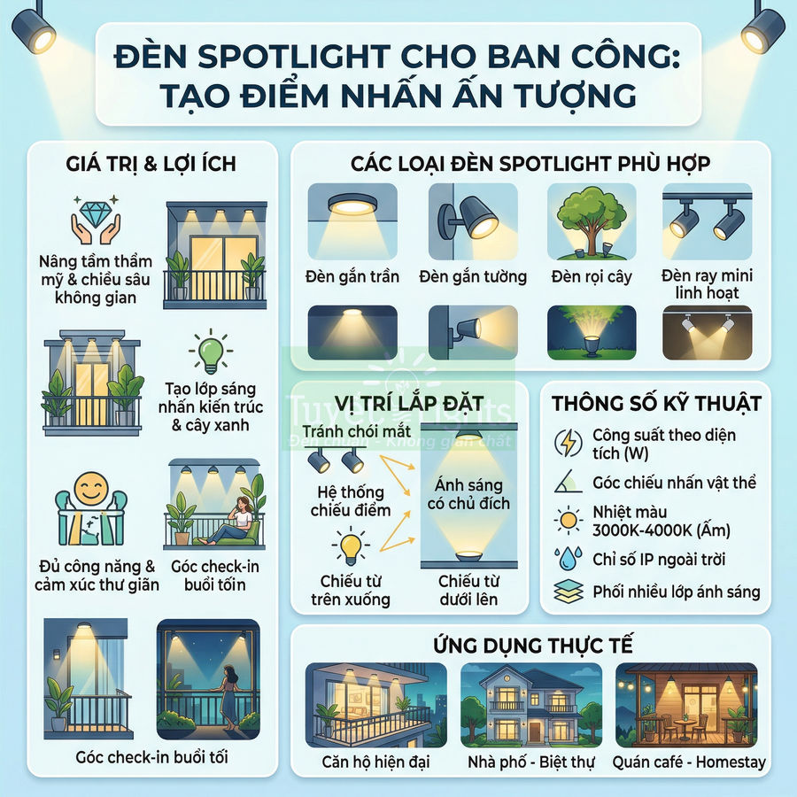 Đèn spotlight cho ban công tạo điểm nhấn ấn tượng