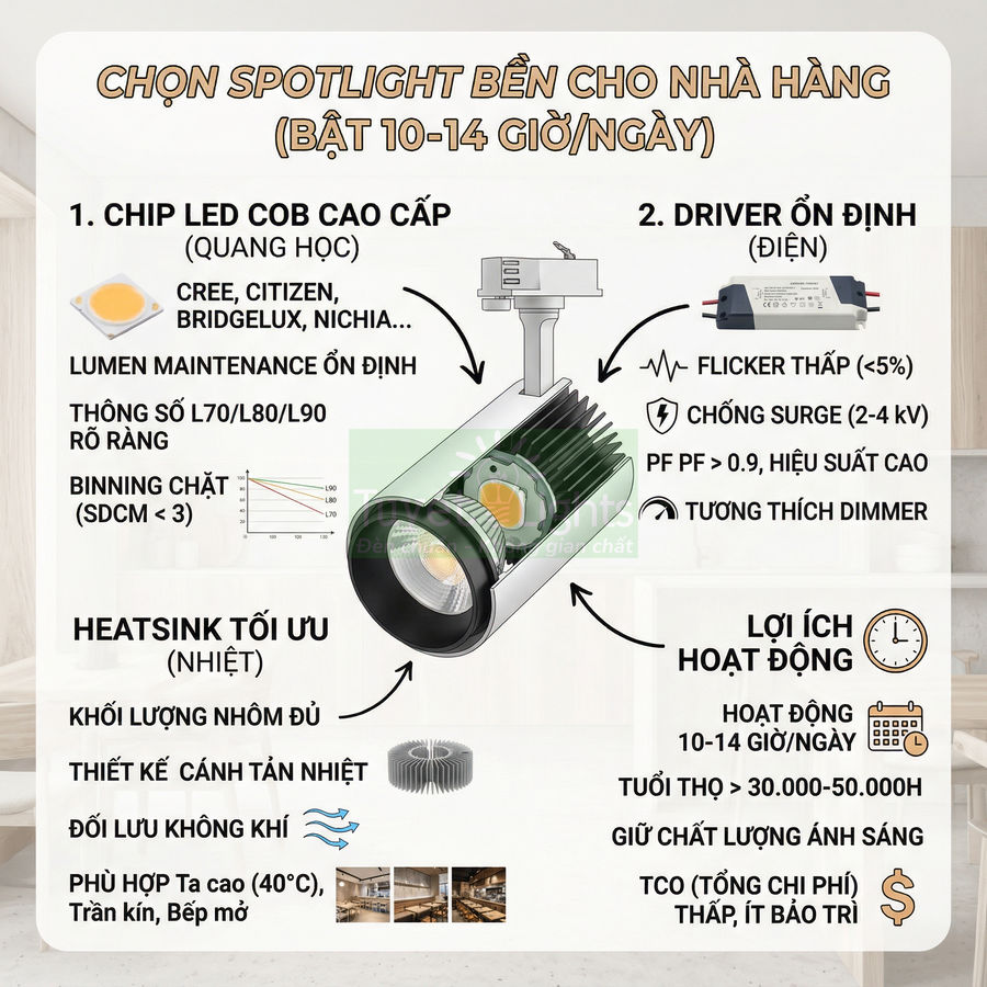 Đèn spotlight LED COB cao cấp cho nhà hàng, tản nhiệt nhôm, driver ổn định, phù hợp chiếu sáng 10-14 giờ mỗi ngày
