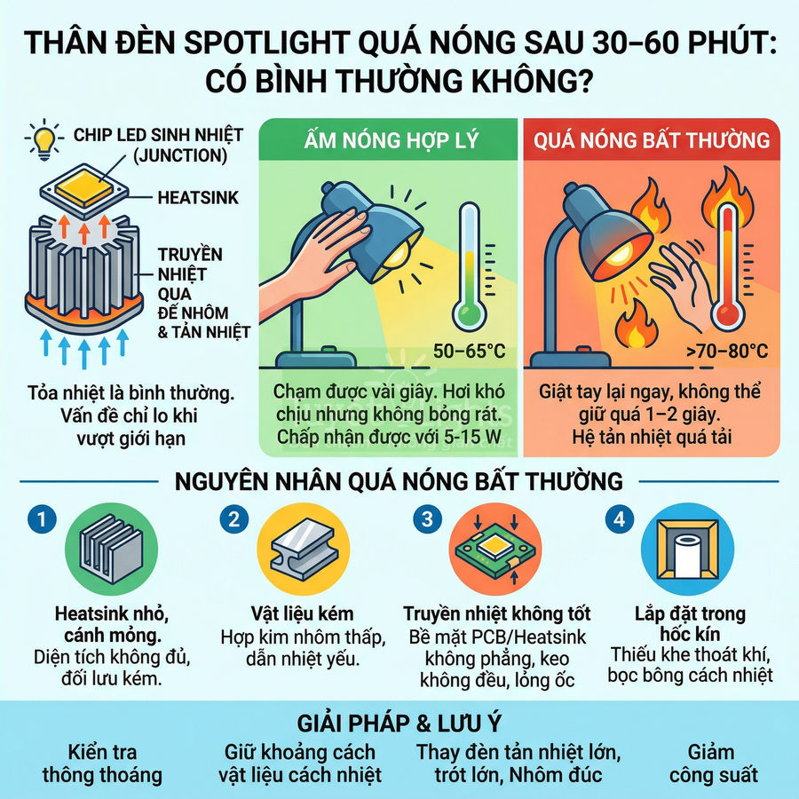Infographic giải thích nguyên nhân và cách xử lý thân đèn spotlight LED bị nóng bất thường khi sử dụng lâu
