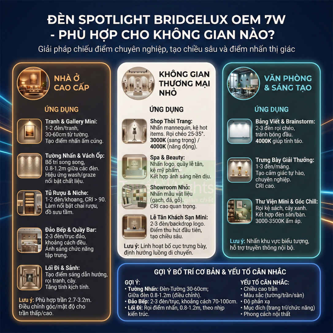 Infographic đèn spotlight Bridgelux OEM 7W và gợi ý ứng dụng chiếu sáng cho nhà ở, thương mại nhỏ, văn phòng