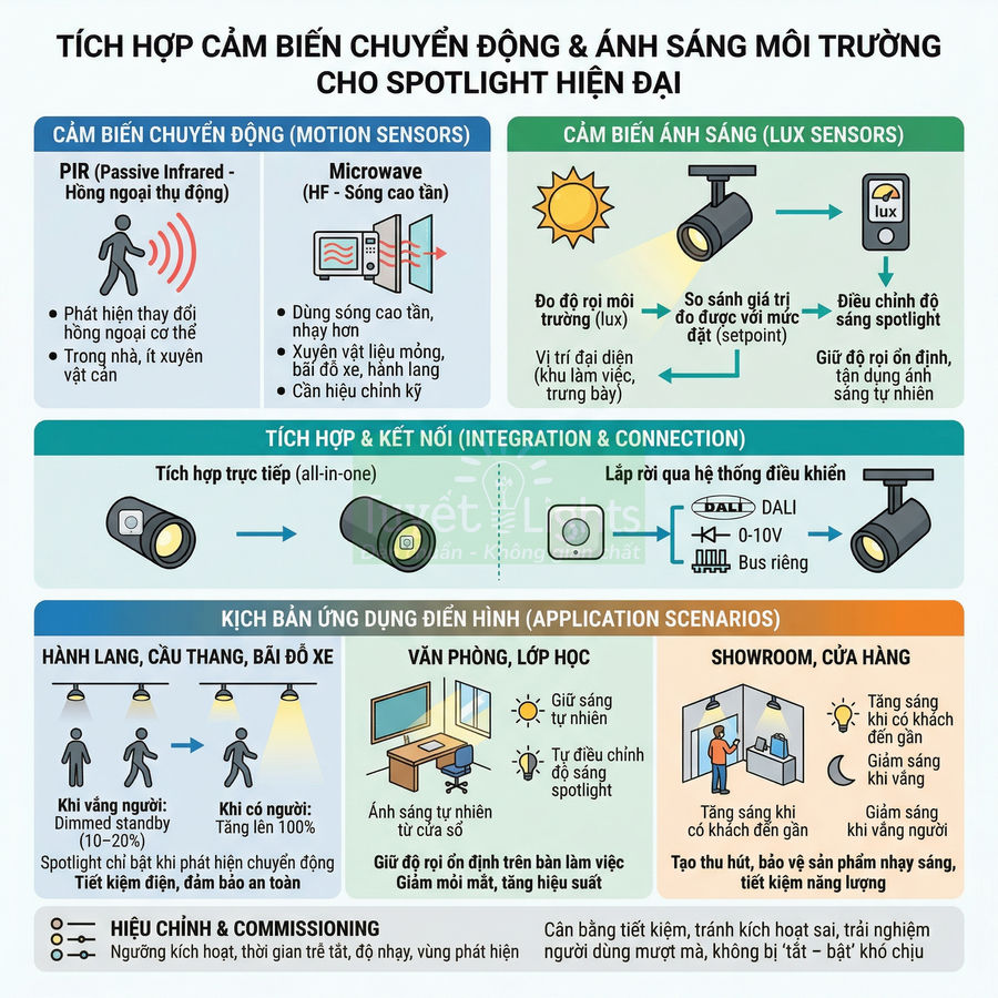 Đèn spotlight tích hợp cảm biến chuyển động và cảm biến ánh sáng, ứng dụng cho hành lang, văn phòng, showroom