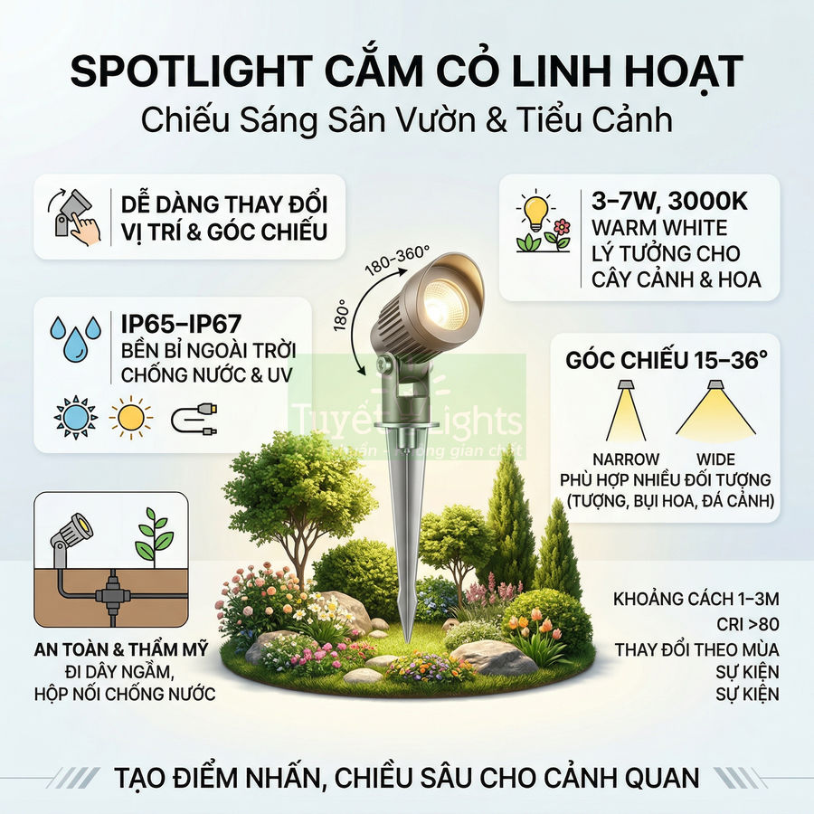 Đèn spotlight cắm cỏ ngoài trời IP65 IP67 chiếu sáng sân vườn tiểu cảnh, góc chiếu linh hoạt 15 36 độ