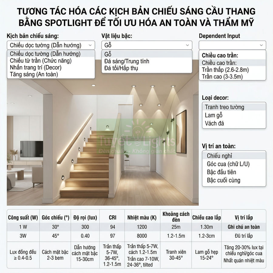Giải pháp chiếu sáng cầu thang bằng đèn spotlight âm tường và âm trần tối ưu an toàn và thẩm mỹ