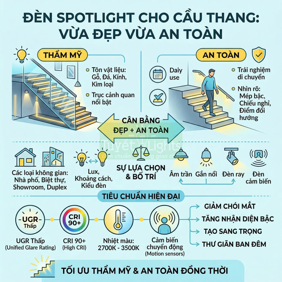 Đèn spotlight cho cầu thang vừa đẹp vừa an toàn