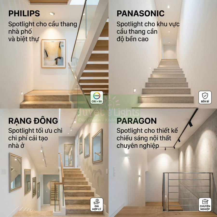 Đèn spotlight Philips, Panasonic, Rạng Đông, Paragon chiếu sáng cầu thang và hành lang nội thất hiện đại