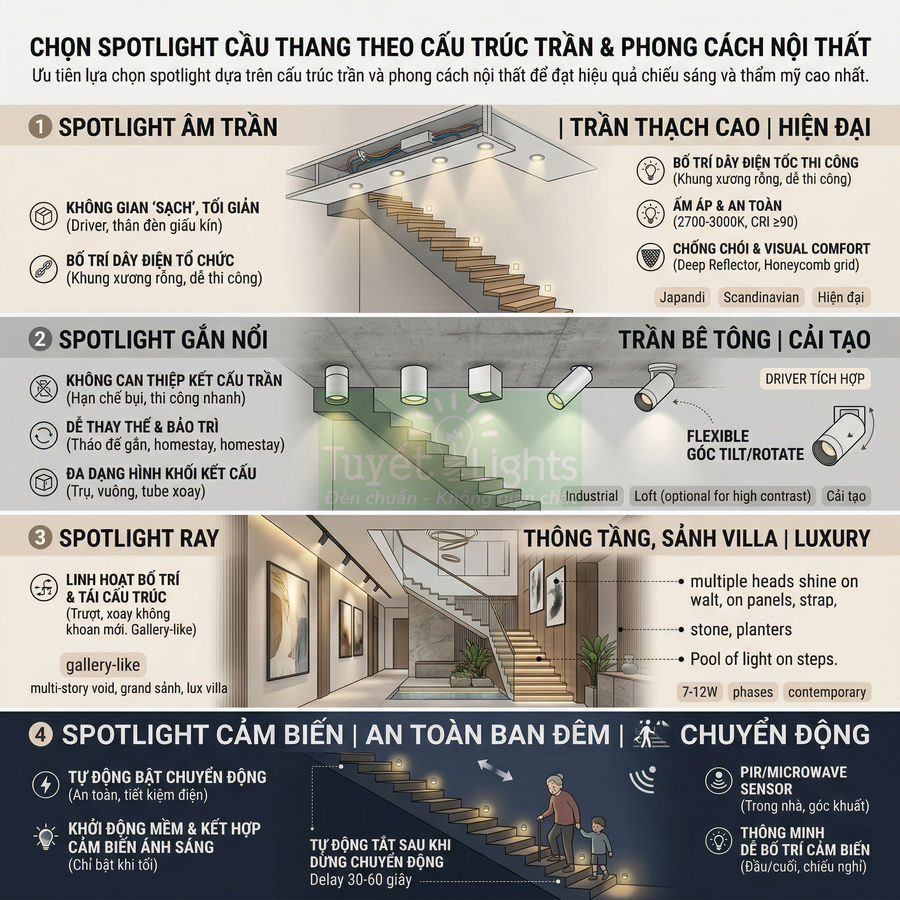 Infographic hướng dẫn chọn đèn spotlight cầu thang Tuyet Lights cho trần thạch cao, trần bê tông và chiếu sáng an toàn ban đêm