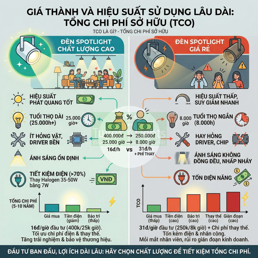 So sánh đèn spotlight chất lượng cao và đèn spotlight giá rẻ về tuổi thọ, hiệu suất, chi phí và tiết kiệm điện