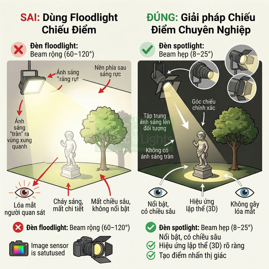 So sánh đèn floodlight và đèn spotlight chiếu điểm cho tượng đá và cây trong không gian ngoài trời