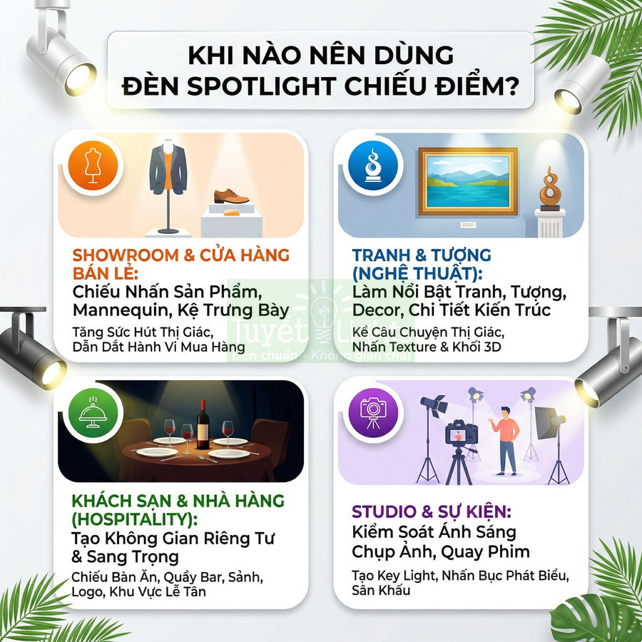 Ứng dụng đèn spotlight chiếu điểm cho showroom, tranh tường, nhà hàng khách sạn, studio và sự kiện