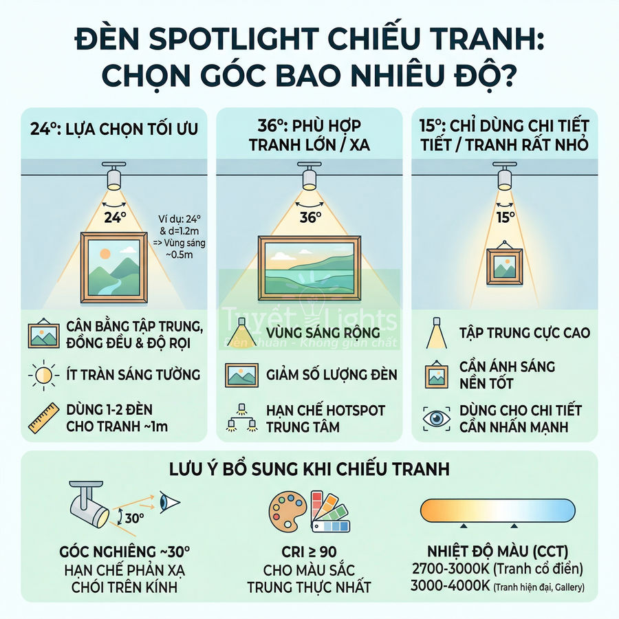 Infographic hướng dẫn chọn góc chiếu đèn spotlight 15 24 36 độ để chiếu tranh treo tường trong nhà