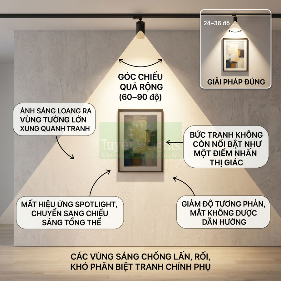 Đèn rọi ray chiếu tranh góc rộng làm ánh sáng loang trên tường, tranh treo tường kém nổi bật