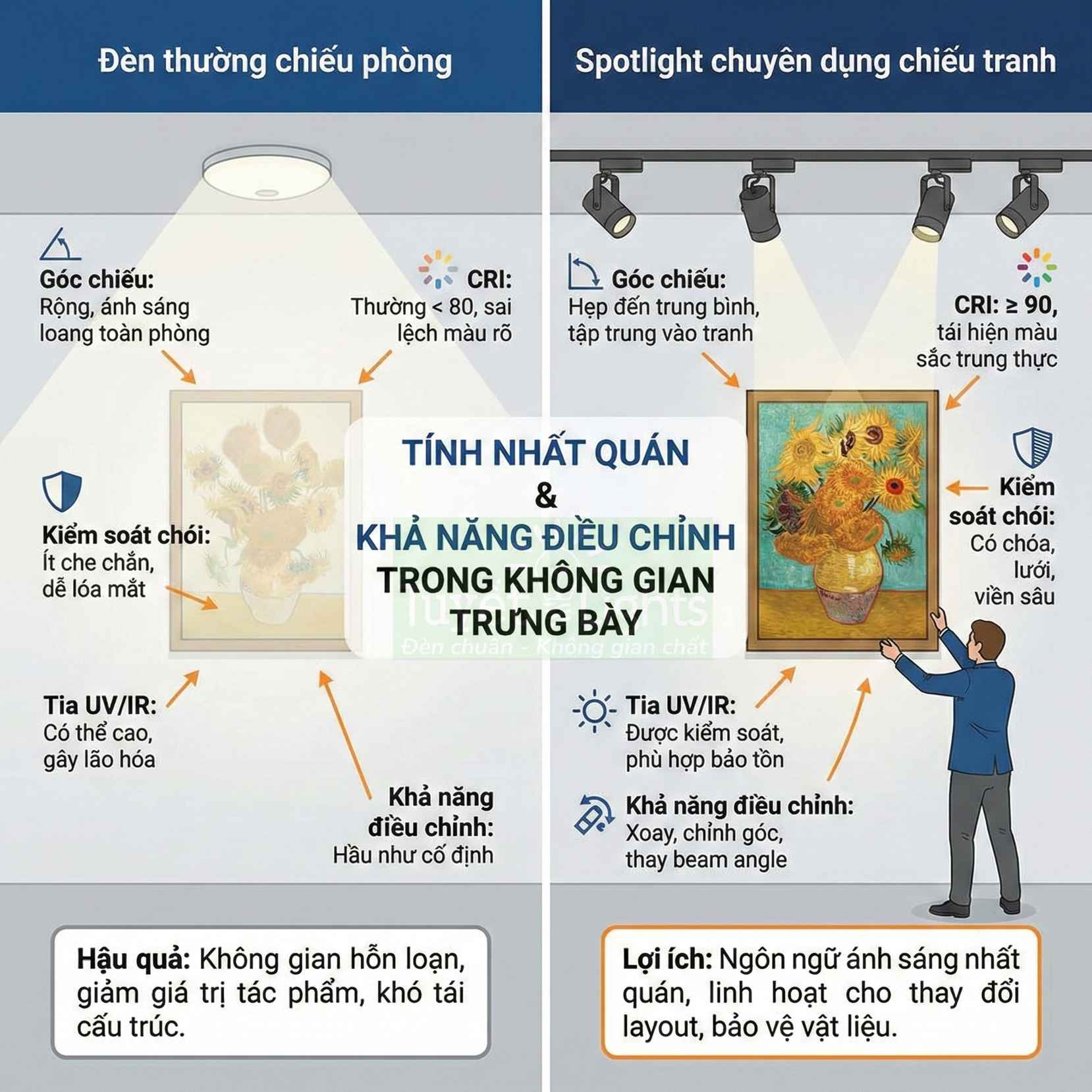 So sánh đèn trần thường và đèn spotlight chiếu tranh chuyên dụng cho không gian trưng bày nghệ thuật