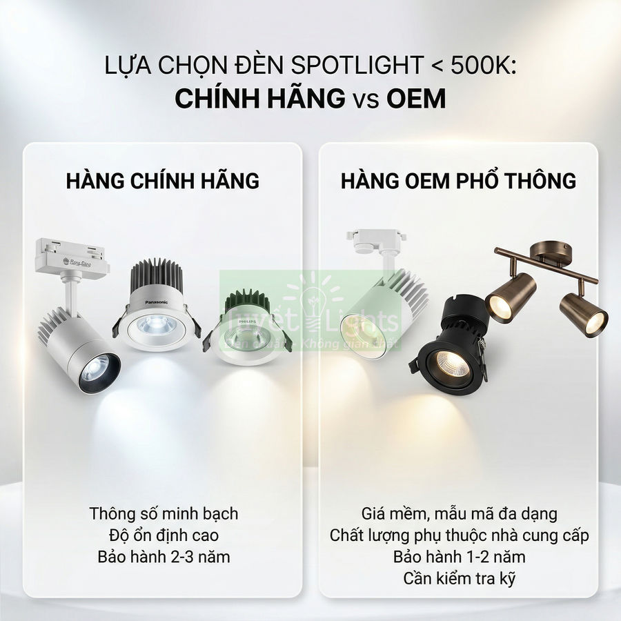 So sánh đèn spotlight chính hãng Panasonic và đèn spotlight OEM phổ thông dưới 500k