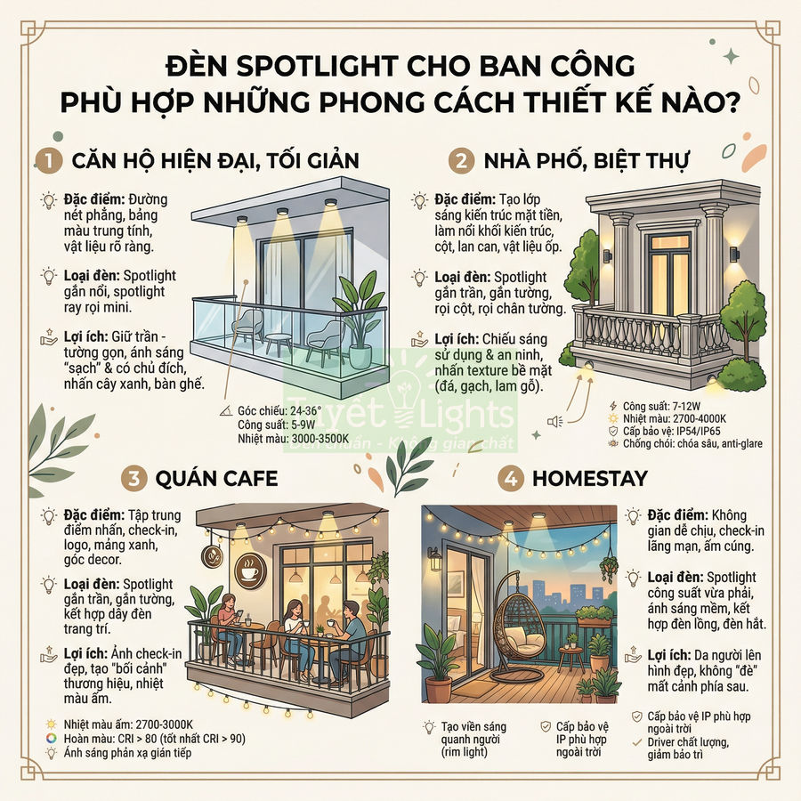 Infographic hướng dẫn chọn đèn spotlight cho ban công căn hộ, nhà phố, quán cafe và homestay