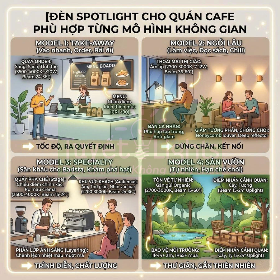 Infographic đèn spotlight cho quán cafe với 4 mô hình không gian: take-away, ngồi lâu, specialty và sân vườn