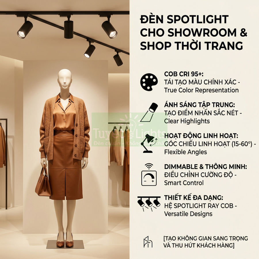Đèn spotlight ray COB chiếu sáng mannequin và quần áo trong showroom thời trang cao cấp