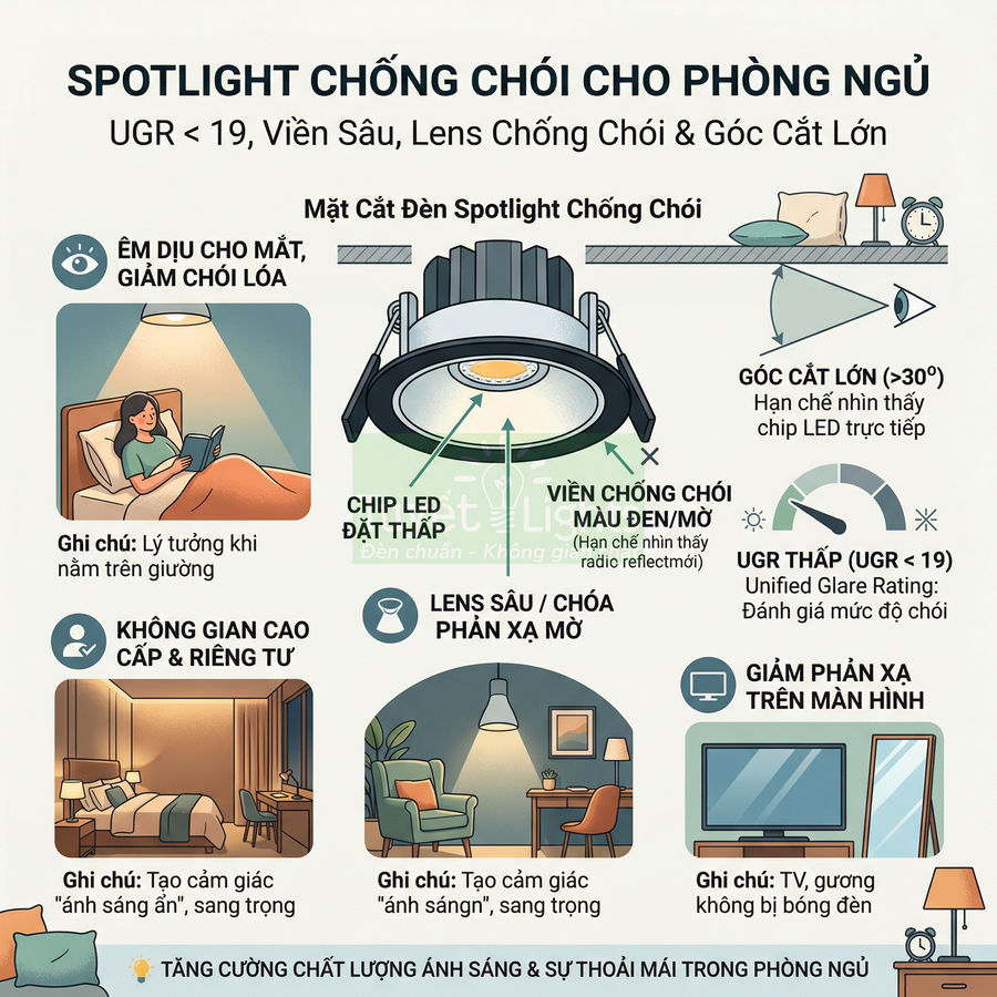 Đèn spotlight âm trần chống chói cho phòng ngủ với chip LED đặt sâu, ánh sáng êm dịu và góc chiếu rộng