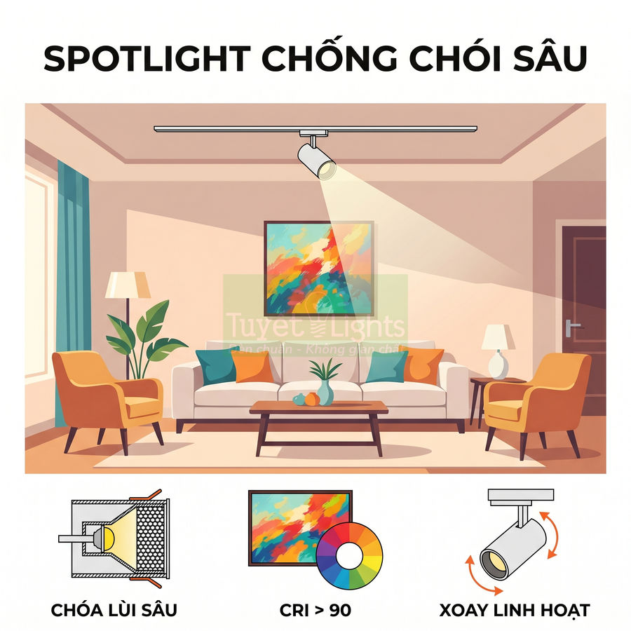 Đèn spotlight chống chói sâu lắp trần chiếu tranh trang trí phòng khách, CRI cao và xoay linh hoạt