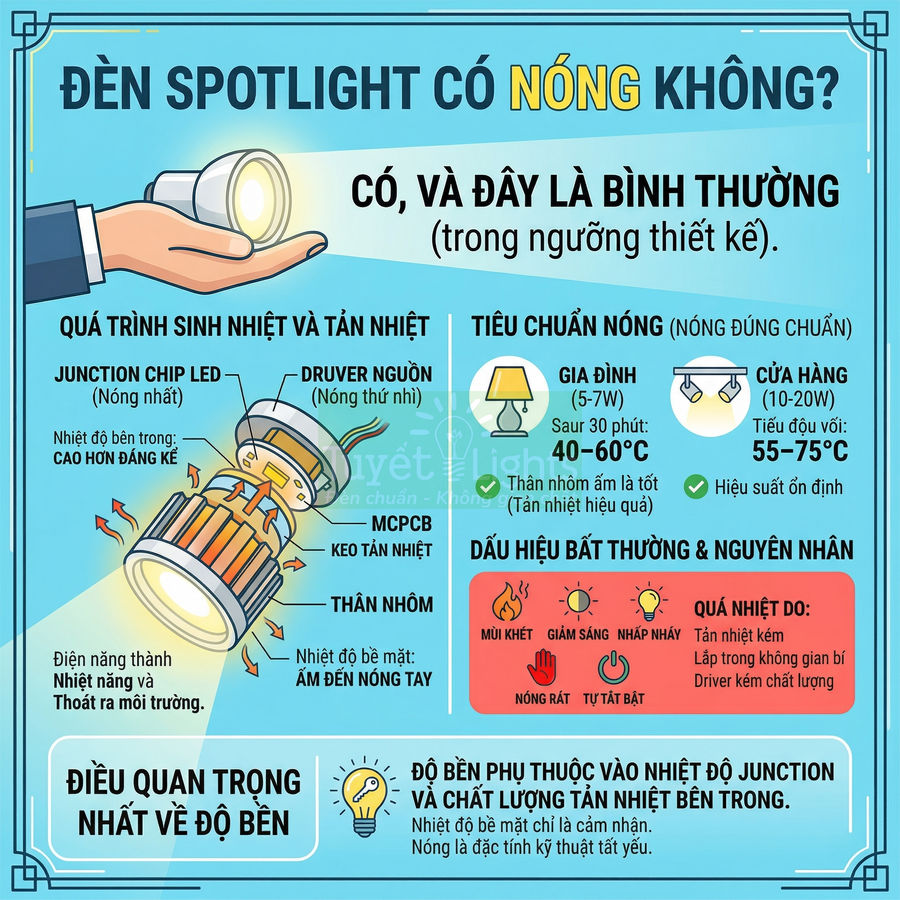 Infographic giải thích đèn LED spotlight tỏa nhiệt, cấu tạo tản nhiệt và tiêu chuẩn nóng an toàn khi sử dụng