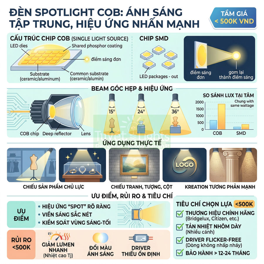 Infographic đèn spotlight COB giá dưới 500k, cấu tạo chip COB, beam góc hẹp, ứng dụng chiếu sản phẩm và tiêu chí chọn mua