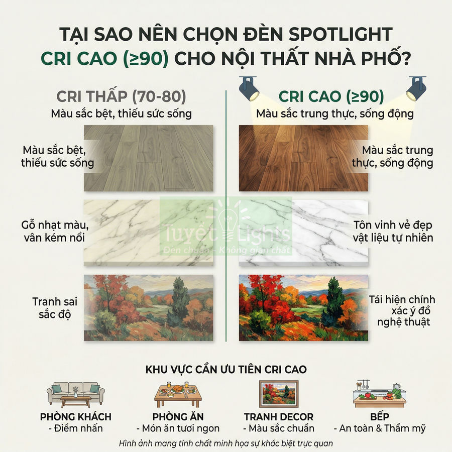 Infographic so sánh đèn spotlight CRI cao và CRI thấp cho nội thất nhà phố, minh họa màu sàn gỗ, đá, tranh và khu vực ứng dụng