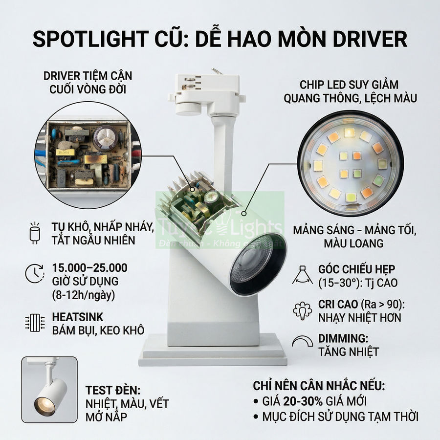 Đèn spotlight cũ kèm sơ đồ cấu tạo driver và chip LED, mô tả nhược điểm và hao mòn khi sử dụng