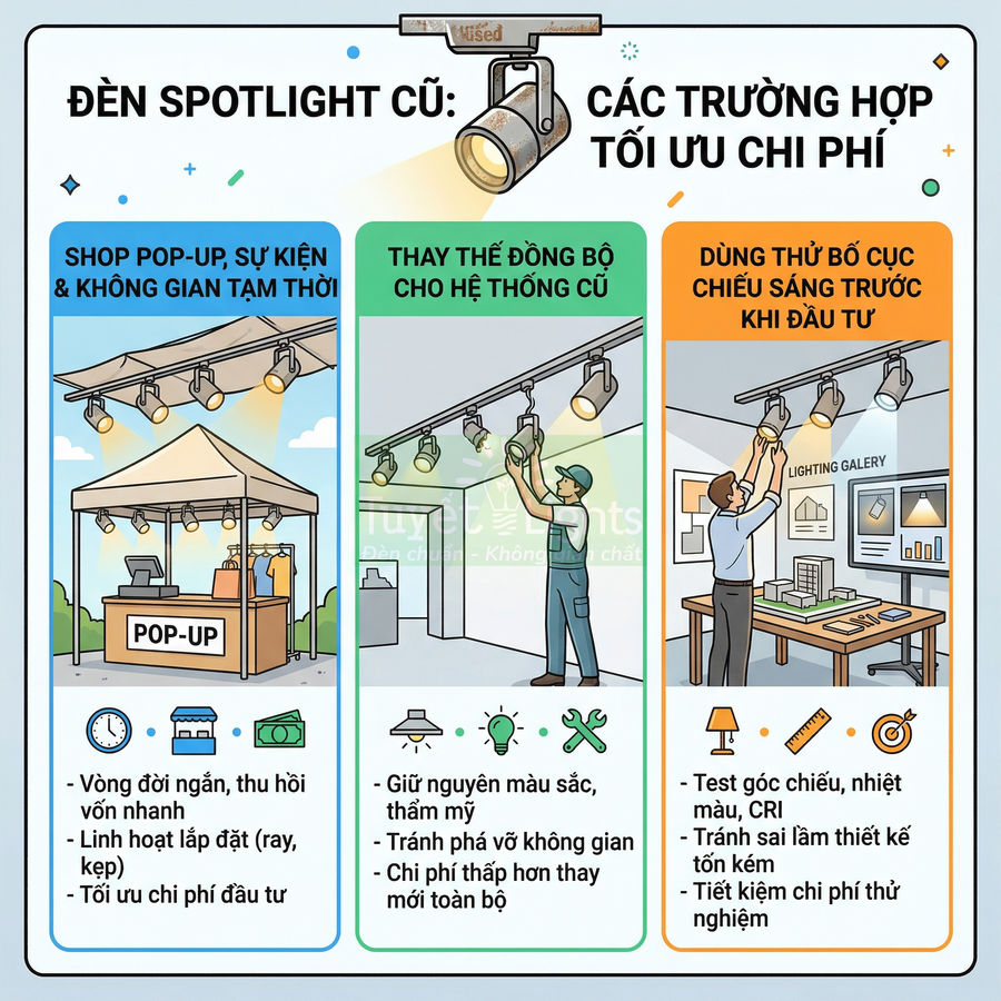 Infographic hướng dẫn dùng đèn spotlight cũ để tối ưu chi phí cho shop pop up, thay thế hệ thống và thử bố cục chiếu sáng