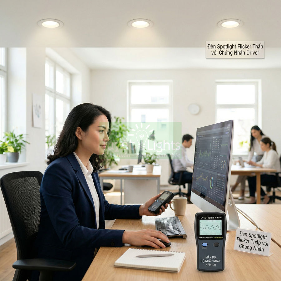 Nhân viên văn phòng làm việc dưới hệ thống đèn spotlight flicker thấp, sử dụng máy đo độ nhấp nháy HPM100