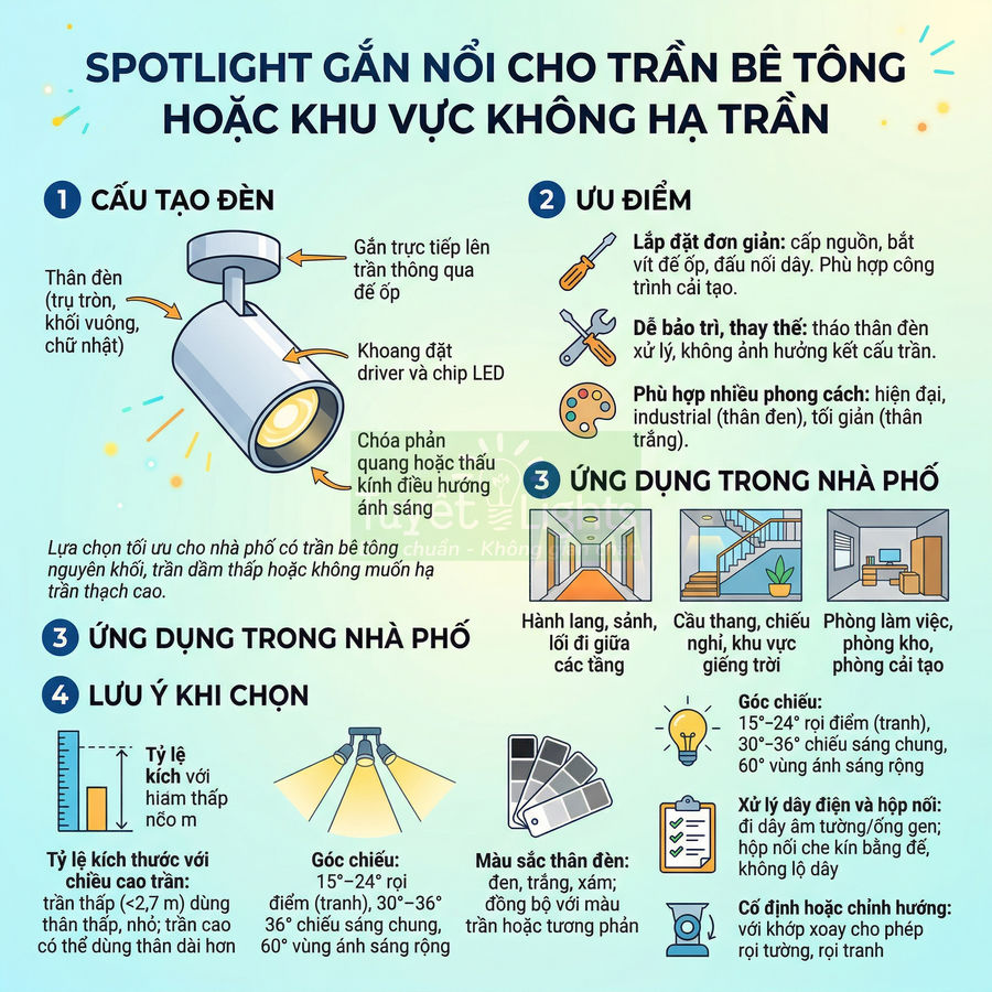 Đèn spotlight gắn nổi trần bê tông kèm infographic hướng dẫn cấu tạo, ưu điểm và ứng dụng trong nhà phố